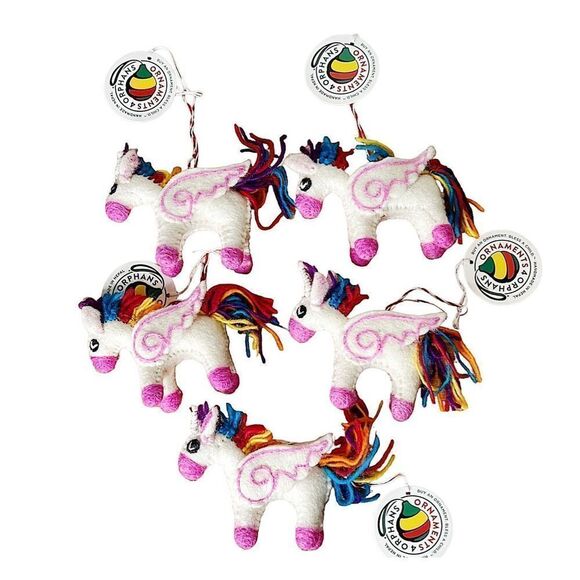 Handmade Unicorn Felted Wool Christmas Ornaments Set 5 Nwt - Picture 1 of 8